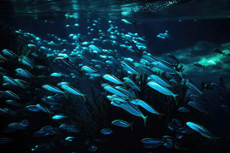a school of fish swim in the depths, their fins and scales glowing from bioluminescence, created with generative aiの素材