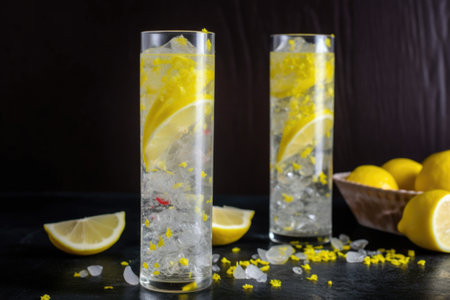 confetti of lemon slices in tall glass of icy cold lemongade, created with generative aiの素材