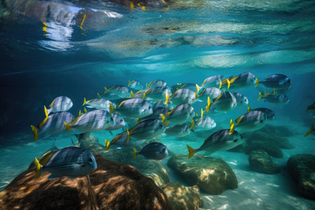 tropical fish school swimming in crystal-clear water, created with generative aiの素材