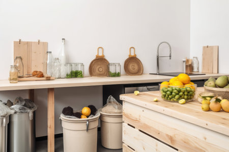 zero-waste kitchen, with composting bins, reusable grocery bags and other eco-friendly items, created with generative aiの素材