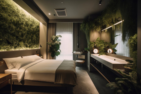 luxurious hotel room, with indoor plants and greenery creating a serene and tranquil atmosphere, created with generative aiの素材