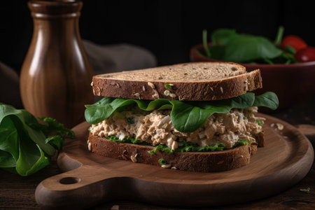 a sandwich with tuna salad and fresh greens on whole wheat bread, created with generative aiの素材