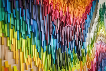 a wall of popsicle stick art with a rainbow of colors, created with generative aiの素材
