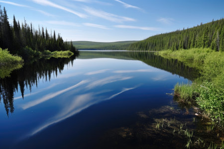 serene lake, with ripples and reflections, surrounded by untouched wilderness, created with generative aiの素材