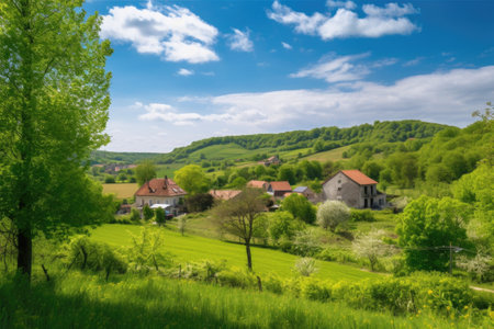 rural village with clear blue sky, surrounded by green fields and pastures, created with generative aiの素材