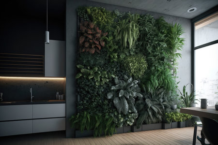 a vertical garden on a concrete wall in an urban apartment, created with generative aiの素材