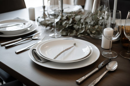 a simple table with a white linen tablecloth and classic silverware setting, created with generative aiの素材