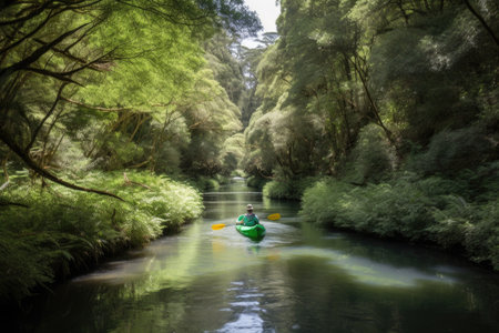 kayaker paddling down tranquil river, with lush greenery visible on the banks, created with generative aiの素材