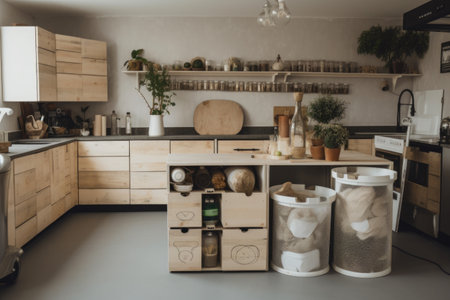 zero-waste kitchen, with composting bins, reusable grocery bags and other eco-friendly items, created with generative aiの素材