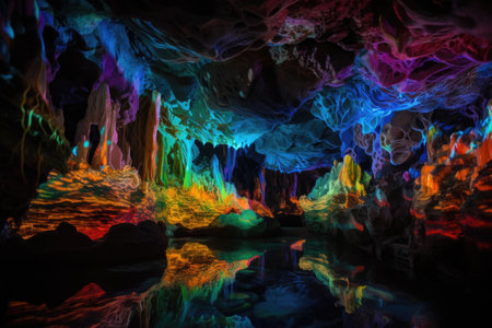 underwater cave with psychedelic pattern of light and color, created by the interaction between water and stone, created with generative aiの素材