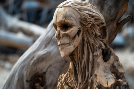 carved figure made of driftwood, with natural texture and colors, created with generative aiの素材