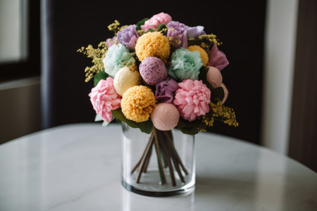 cake pop arrangement in glass vase with floral bouquet, created with generative aiの素材