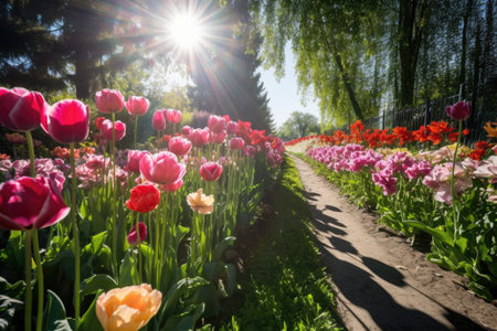 row of tulips in full bloom, with the sun shining down, created with generative aiの素材