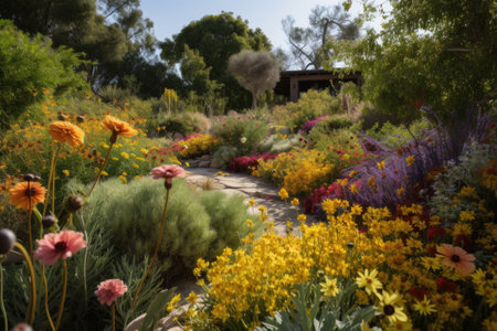drought-tolerant garden with colorful blooms and native plants, created with generative aiの素材