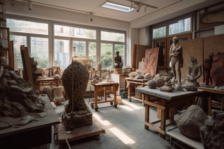 sculptors studio, with raw materials and finished works on display, created with generative aiの素材