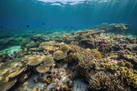 coral reef surrounded by diverse marine ecosystem, with schools of fish and other marine life visible, created with generative aiの素材