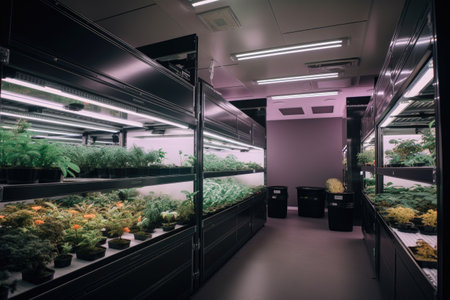 a high-tech and fully automated grow room with advanced lighting, climate control, and nutrient dosing, created with generative aiの素材