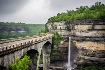 scenic highway with rock formations and waterfalls in the background, created with generative aiの素材