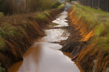 overflowing drainage ditch, carrying excess sediment and pollutants into nearby waterway, created with generative aiの素材