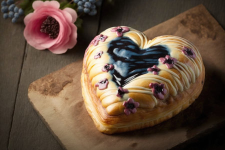 heart-shaped danish pastry with blueberry filling, created with generative aiの素材