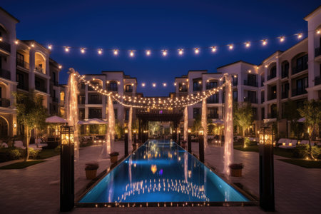 luxury hotel, with outdoor dance floor surrounded by twinkling lights and lanterns, created with generative aiの素材
