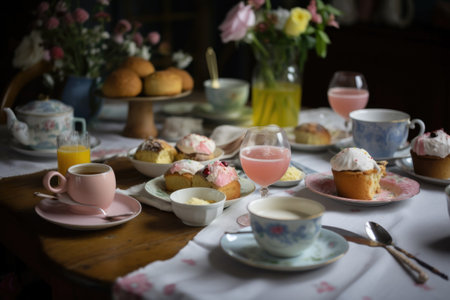 a whimsical table setting for tea, with pastel muffins and scones, created with generative aiの素材
