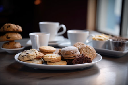 coffee shop offering variety of cookies, biscotti and coffee, created with generative aiの素材