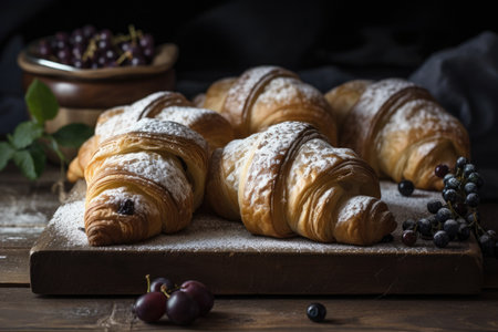 homemade croissants, filled with fruit or chocolate, and dusted in powdered sugar, created with generative aiの素材