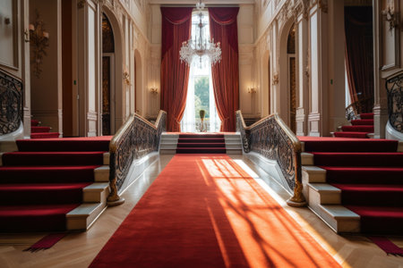 red carpet stretching through the grand foyer of an elegant mansion, created with generative aiの素材