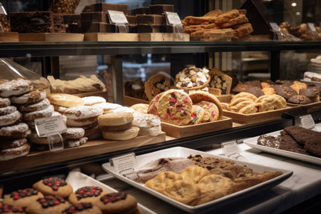 festive holiday cookies, bars, and other sweets in a bakery display, created with generative aiの素材