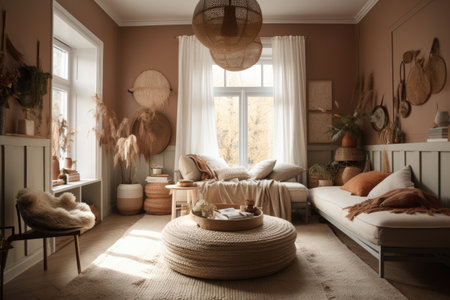 a cozy room with soft textures and warm colors, a textiles craft at hand, created with generative aiの素材
