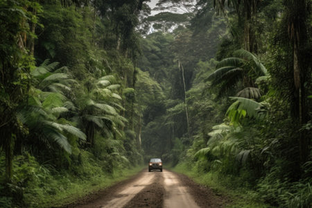 scenic road trip through the jungle, with towering trees and exotic plant life, created with generative aiの素材