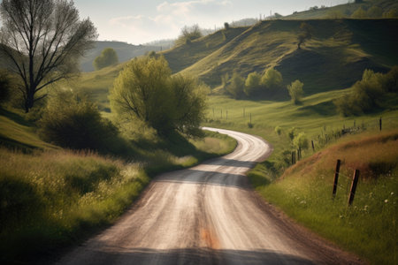 road trip on an empty and winding country road, created with generative aiの素材