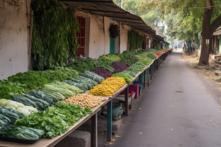a row of vegetable stands, each one unique and beautiful, created with generative aiの素材
