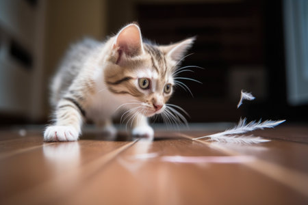 playful kitten chasing feather on the floor, created with generative aiの素材