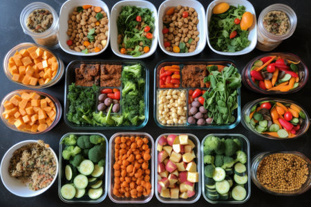 meal prep spread that includes a variety of fresh vegetables, proteins, and spices, created with generative aiの素材
