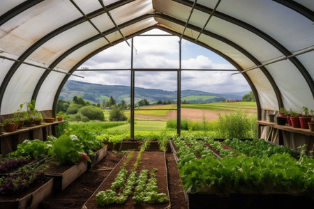 greenhouse with view of rolling hills and farmland, created with generative aiの素材