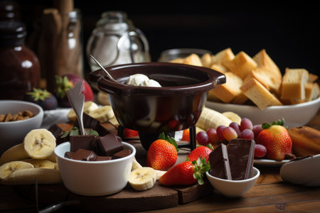 chocolate fondue, served with various fruit and pastries, created with generative aiの素材