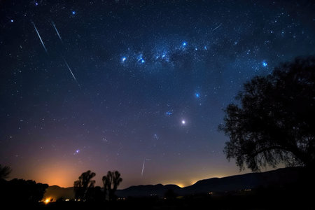 a celestial scene, with planets and stars visible in the night sky, created with generative aiの素材