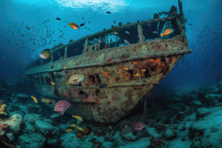 sunken treasure surrounded by schools of colorful fish, created with generative aiの素材