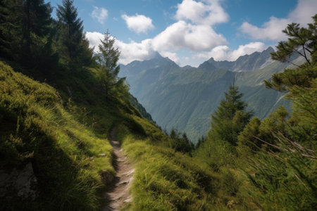 high-altitude trail, with stunning views of the surrounding mountain range, created with generative aiの素材