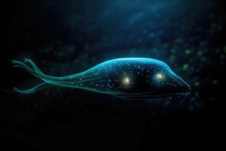 deep-sea creature swimming past field of bioluminescent plankton, created with generative aiの素材