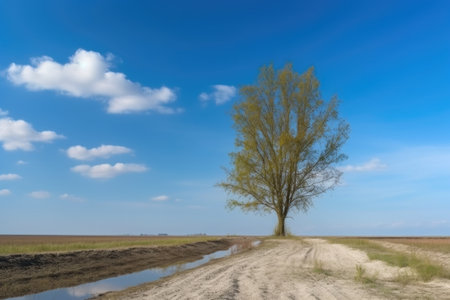 serene landscape with single tree against blue sky, created with generative aiの素材