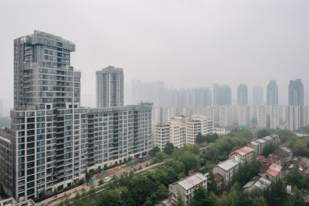 modern high-rise apartment complex against the backdrop of bustling cityscape, created with generative aiの素材