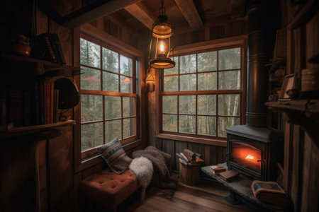 cozy reading nook in rustic cabin with lantern lighting, view of the forest and warm fire, created with generative aiの素材