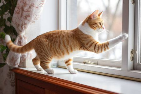 playful cat springing from window sill and landing on the floor, created with generative aiの素材