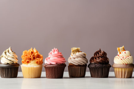 row of cupcakes, each topped with unique and unexpected flavor combination, created with generative aiの素材