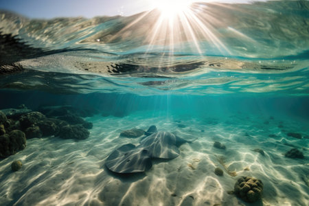 rays swimming and gliding through clear blue water, created with generative aiの素材