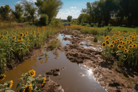 runoff from field of sunflowers leads to polluted river, created with generative aiの素材