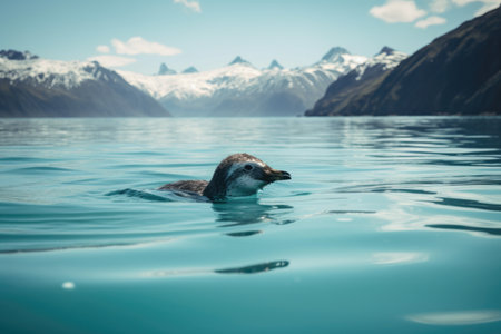 penguin swimming in clear and peaceful lake, created with generative ai